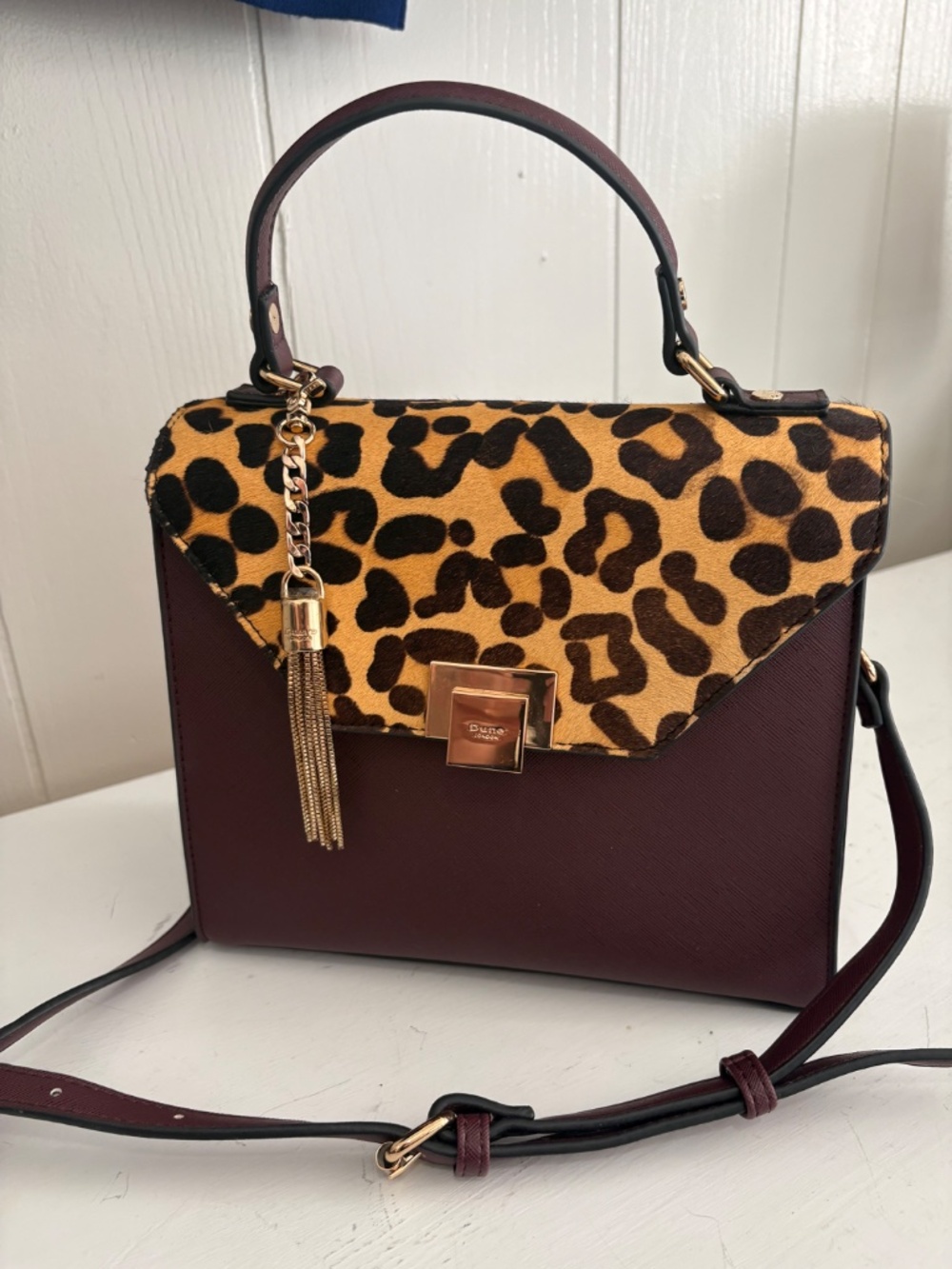Dune London Leopard Flap Satchel Handbag - Brown & Tan - Picture 3 of 10